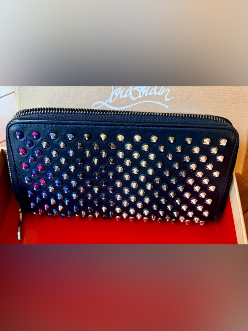 Louboutin Panettone Wallet,Black with Rainbow Spiked Studded Zip Around closure’ - Picture 3 of 16